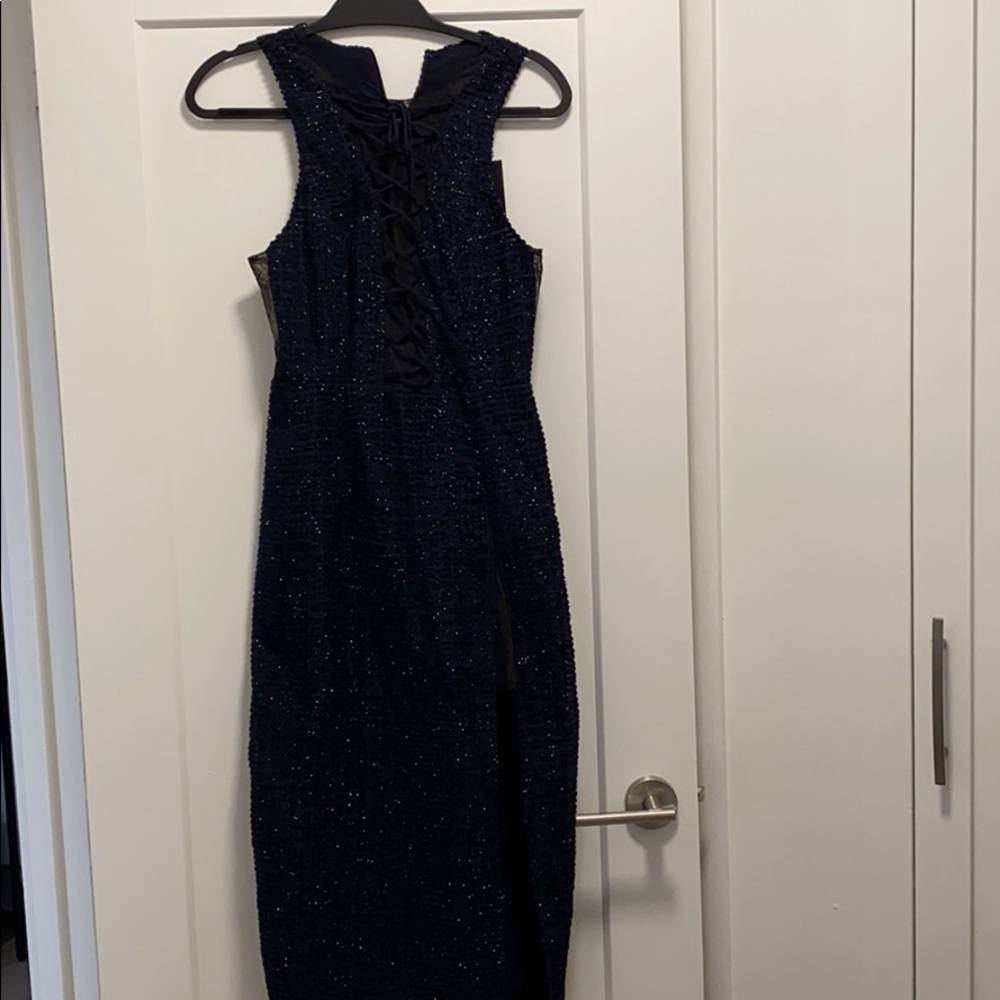 X by NBD Navy Shimmer and Lace Dress